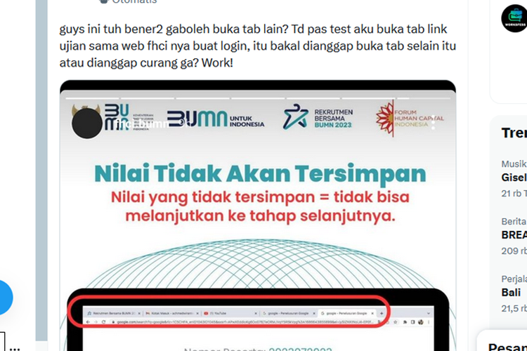 Tangkapan layar unggahan menanyakan apakah membuka tab lain untuk login akun saat tes Rekrutmen BUMN dianggap curang atau tidak