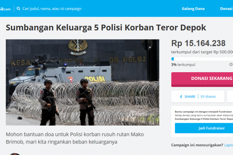 Seorang warga Jakarta, Jonathan Latumahina, menggagas donasi online melalui situs web kitabisa.com untuk keluarga 5 polisi anggota Densus 88 yang menjadi korban teroris di Mako Brimob Kelapa Dua, Depok, Jawa Barat.