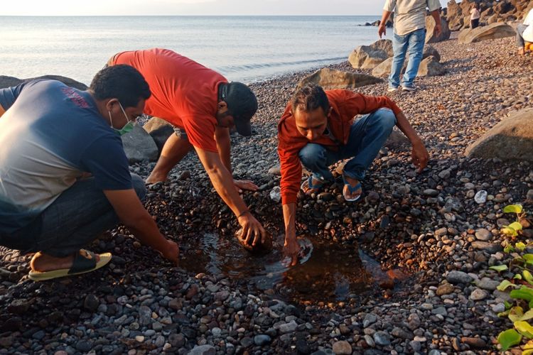 Wisatawan sedang merasakan air panas alami, di bibir pantai Kawaliwu di Kelurahan Riangkotek, Kecamatan Lewo Lema, Flores Timur, Nusa Tenggara Timur, Kamis (11/10/2018).