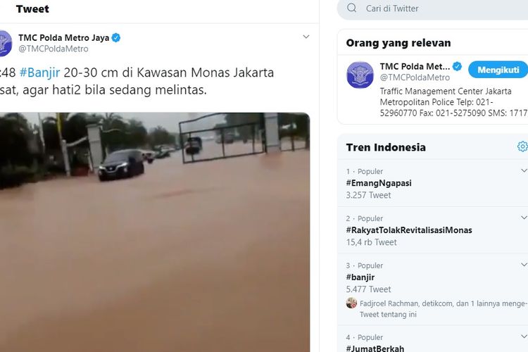 Banjir di Kawasan Monas Jakarta Pusat, Jumat (24/1/2020)