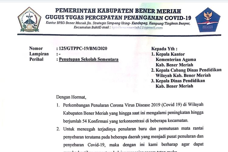 Tangkapan Layar Surat Gugus Tugas Penanganan Covid-19 Bener Meriah, Perihal Penutupan Sekolah Sementara, yang dikeluarkan tanggal 27 September 2020.