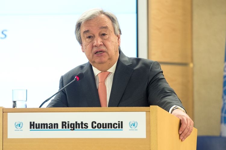 Sekjen PBB Antonio Guterres berbicara di hadapan Dewan Hak Asasi Manusia PBB dalam sidang ke-37 pada 26 Februari 2018 di Jenewa, Swiss.