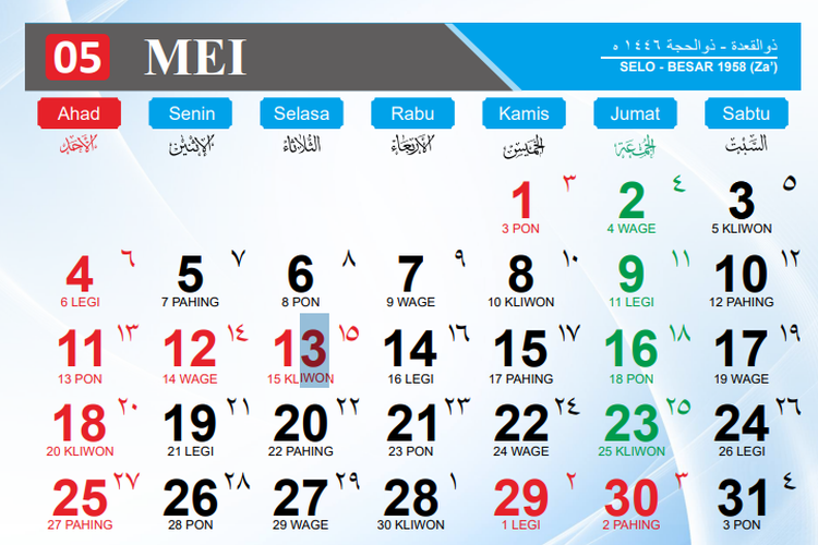 Kalender Jawa Hari Ini 31 Mei 2025 dilengkapi Weton dan Penanggalan Hijriah