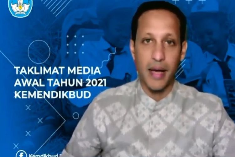 Mendikbud Nadiem Makarim saat menjadi pembicara di acara Taklimat Media Awal Tahun 2021.