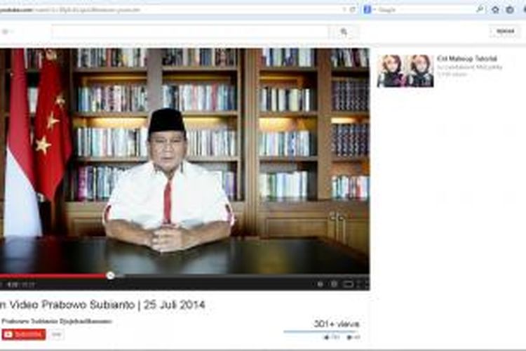 Halaman akun YouTube calon presiden Prabowo Subianto yang menampilkan video pidato Prabowo pada 24 Juli 2014.