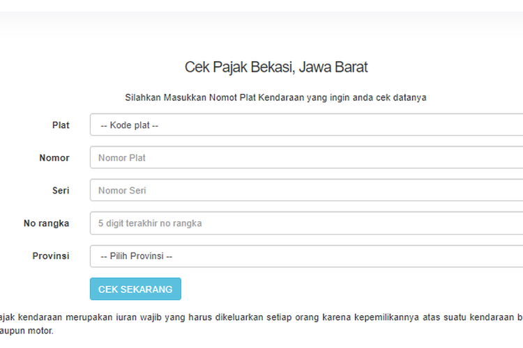 Tangkapan layar halaman depan situs e-samsat untuk cek pajak kendaraan bermotor (PKB) di Bekasi.