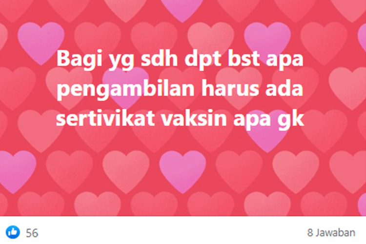 Tangkapan layar unggahan dari warganet yang mempertanyakan apakah pengambilan BST memerlukan bukti vaksinasi atau tidak.