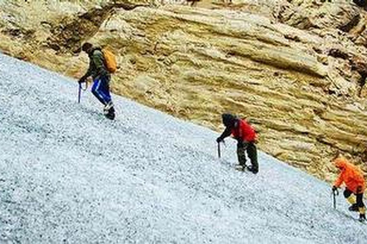 Tim pendakian tujuh pincak dunia dari Wanadri saat mendaki Puncak Carztenz, Papua.