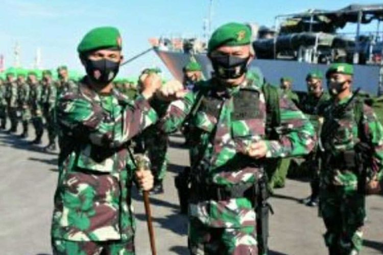 Danrem 031/Wira Bima Brigjen TNI M Syech Ismed menyambut kedatangan prajurit TNI dari Republic Democratic of Timor Leste (RDTL) menggunakan Kapal TNI AL KRI 540 Teluk Lampung di Pelabuahan Pelindo I Kota Dumai, Riau, Senin (24/8/2020). Dok Istimewa