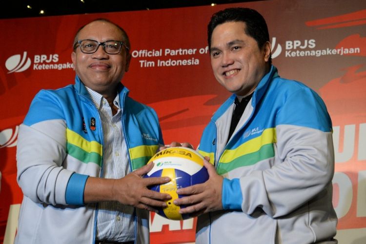 Dirut BPJS Ketenagakerjaan Agus Susanto, usai penandatanganan kerja sama dengan Ketua Komite Olahraga Indonesia (KOI) Erick Thohir (27/07/2018). 