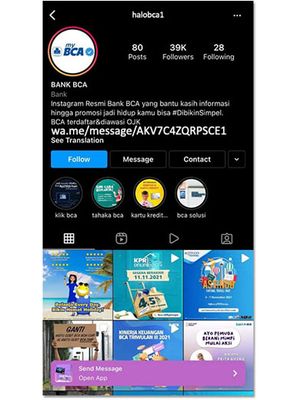 Ilustrasi akun Instagram palsu yang mengatasnamakan Bank BCA.