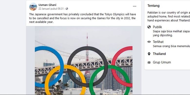 Tangkapan layar unggahan Facebook yang menyebut Olimpiade Tokyo 2021 batal akibat Covid-19.