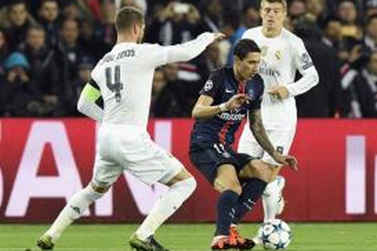 Pemain sayap PSG, Angel Di Maria, pada laga versus Real Madrid, Rabu (21/10/2015). 