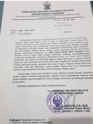 Surat Pemerintah Provinsi Sulawesi Selatan kepada Bupati Jeneponto Iksan Iskandar terkait arogansi Lurah Empoang Selatan, Muhammad Yusuf, Kecamatan Binamu, Jeneponto, Sulsel.