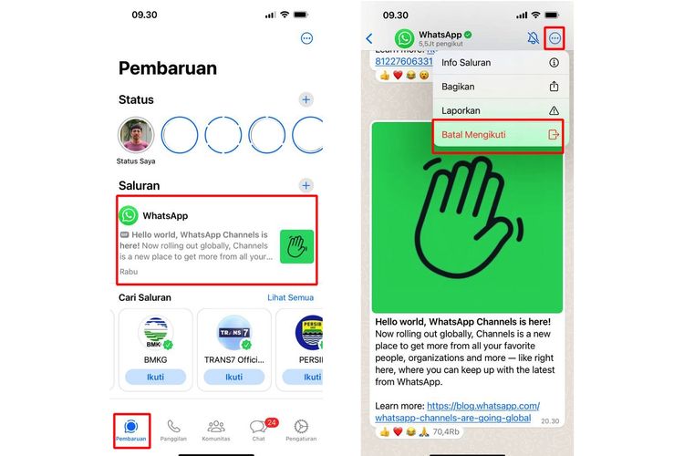 Cara menghapus tampilan saluran di WhatsApp.