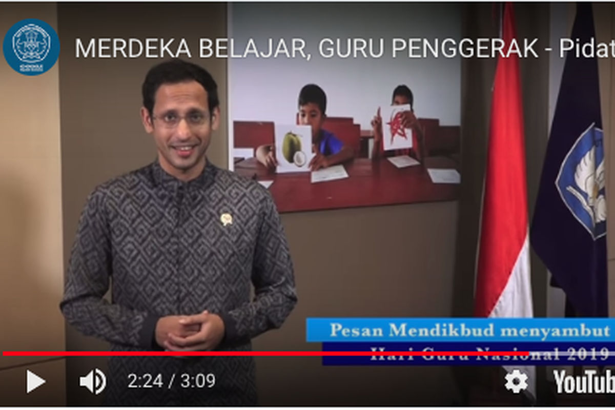 Tangkapan layar Youtube pidato Mendikbud Nadiem Makarim menyambut Hari Guru Nasional 2019.