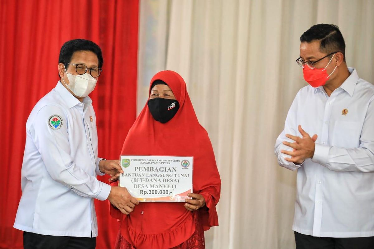 Mendes PDTT Abdul Halim Iskandar bersama Menteri Sosial Juliari P Batubara saat meninjau penyaluran Bantuan Sosial Tunai (BST) dan BLT Dana Desa  di Kabupaten Subang, Jawa Barat, Kamis (5/11/2020).
