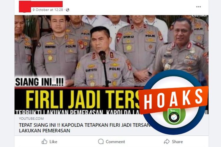 Tangkapan layar Facebook narasi yang menyebut Kapolda Metro Jaya menetapka Firli Bahuri menjadi tersangka