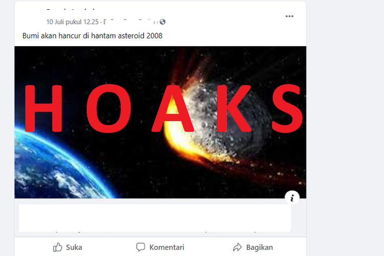 Narasi yang dibagikan pengguna Facebook menyebutkan bahwa Bumi akan hancur dihantam asteroid 2008.