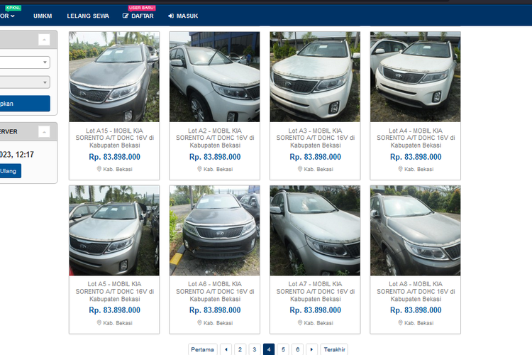 Daftar lelang mobil sitaan Bea Cukai di lelang.go.id (tangkapan layar).