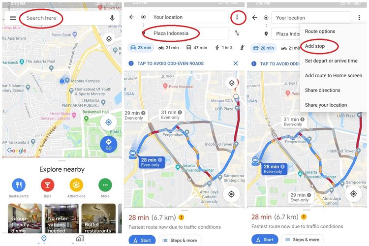 Ilustrasi Langkah Pertama Navigasi dengan fitur add Stop di Google Maps