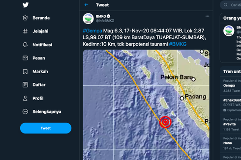 Gempa Bumi M 6,0 Dirasakan di Padang dan Bengkulu