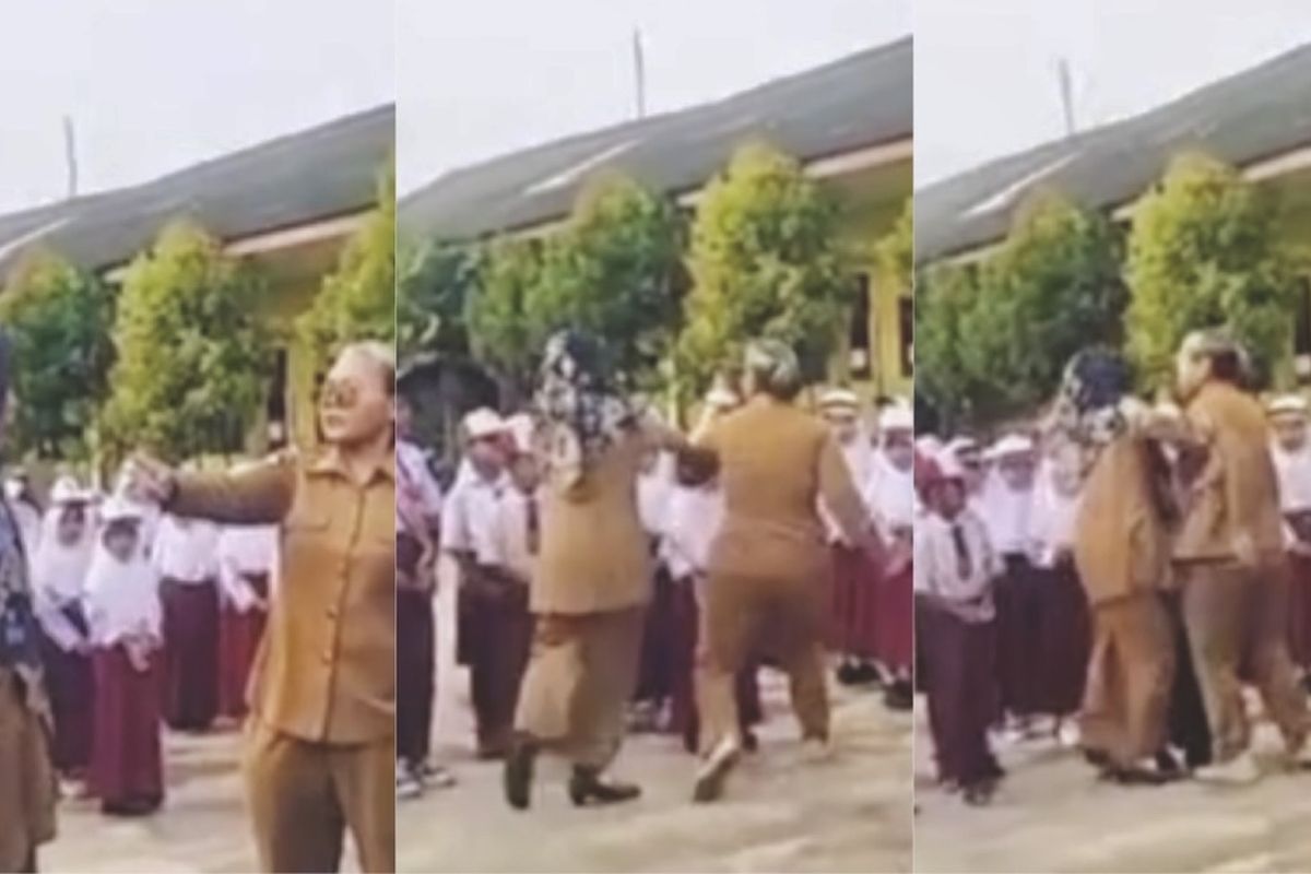Bidik layar video seorang guru marah dan mengancam murid-muridnya saat upacara bendera di Kabupaten Pesawaran. Foto ditangkap layar pada Minggu (24/8/2025)
