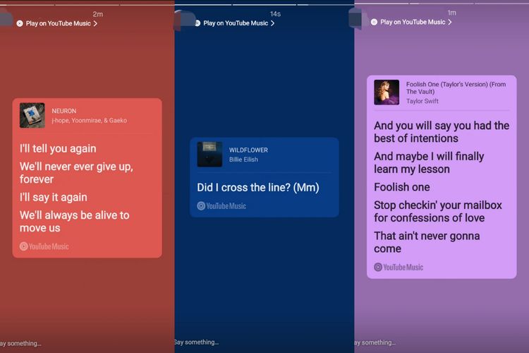 Tampilan fitur berbagi lirik lagu di YouTube Music saat dibagikan di Instagram Stories.