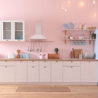 Ilustrasi dapur dengan warna pink cerah.