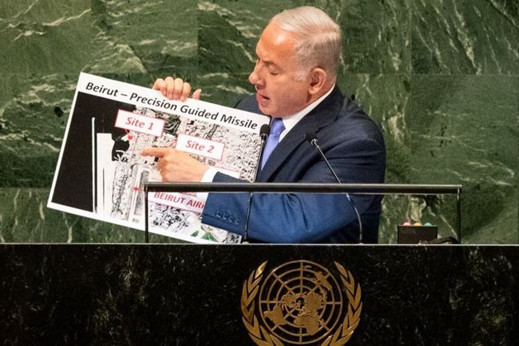 Perdana Menteri Israel Benjamin Netanyahu di PBB pada 2018.