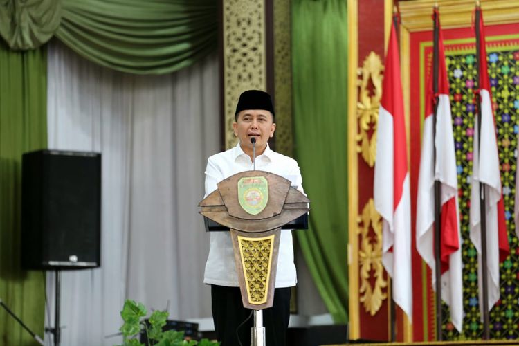  Pemerintah Provinsi (Pemprov) Sumatera Selatan (Sumsel) menggelar Tabligh Akbar dan Halalbihalal mengeratkan silaturahmi di Griya Agung, Palembang, Sumatera Selatan, Jumat (19/4/2024).
