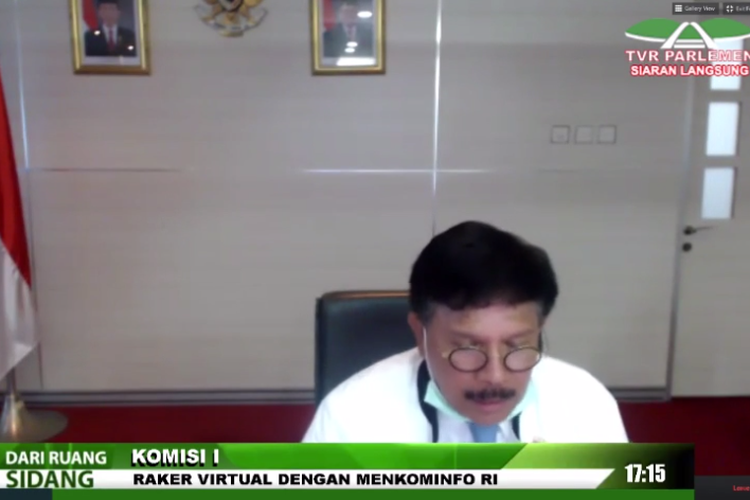 Menkominfo Johnny G. Plate dalam rapat kerja online yang digelar bersama Komisi 1 DPR, Selasa (7/4/2020).