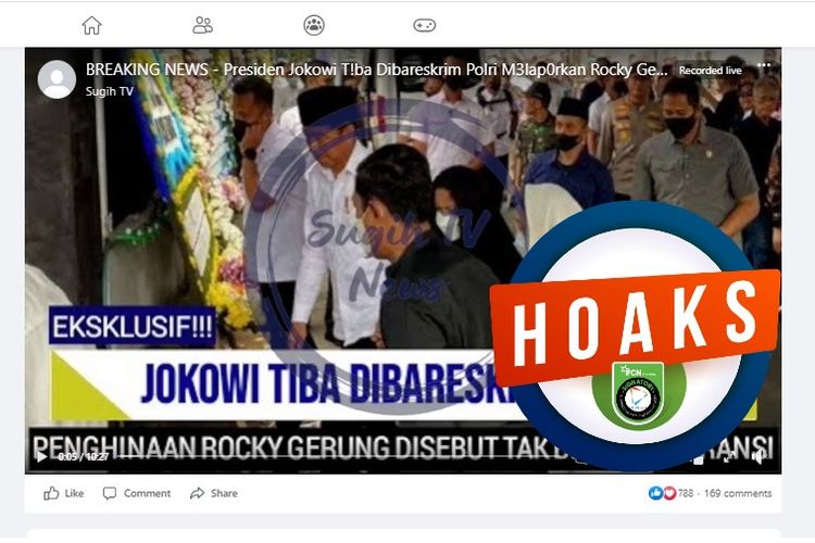 Tangkapan layar Facebook narasi yang menyebut Jokowi mendatangi Bareskrim Polri untuk melaporkan Rocky Gerung