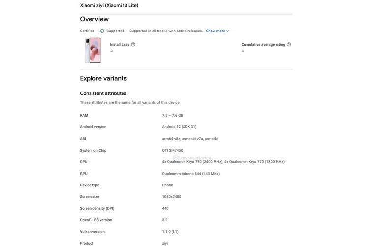 Bocoran spesifikasi Xiaomi Lite 13 di situs Google Play Developer Console