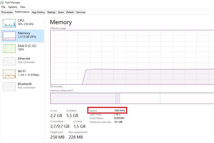 Cara mengecek kecepatan RAM di Windows 10 melalui menu Task Manager.