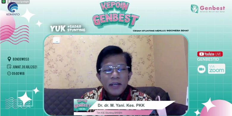 Tim Komunikasi, Informasi, dan Edukasi (KIE) Stunting Badan Kependudukan dan Keluarga Berencana Nasional (BKKBN) Yani sebagai narasumber dalam forum ?Kepoin Generasi Bersih dan Sehat (GenBest)? di Kabupaten Bondowoso, Jawa Timur (Jatim) secara virtual, Jumat (9/7/2021).
