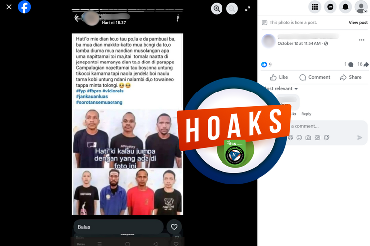 Tangkapan layar konten hoaks di sebuah akun Facebook, Minggu (12/10/2025), mengenai manusia kanibal di Sulawesi.
