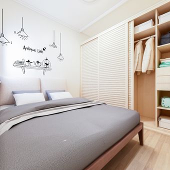 Ilustrasi lemari pakaian di kamar tidur sempit, kamar tidur kecil. 