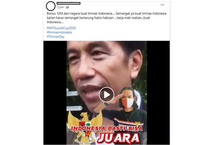 Tangkapan layar unggahan Facebook tentang Jokowi akan memberi bonus Rp 12 miliar untuk Timnas Indonesia