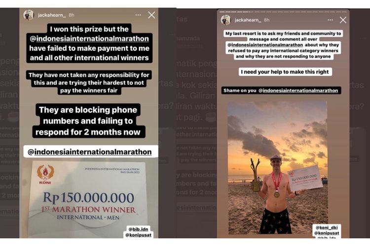 Viral unggahan pemenang Indonesia International Marathon mengaku belum menerima hadiah uang dari penyelenggara