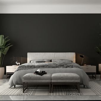 ilustrasi perpaduan warna hitam dan netral di kamar tidur