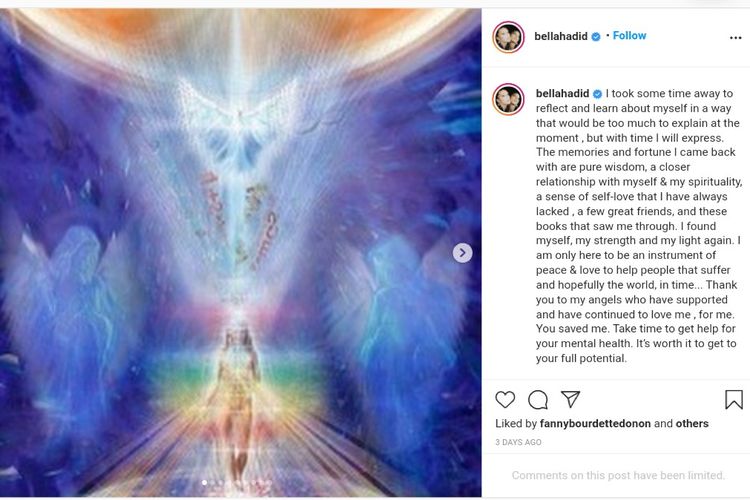 Bella hadid mengunggah perasaannya usai jeda medsos.