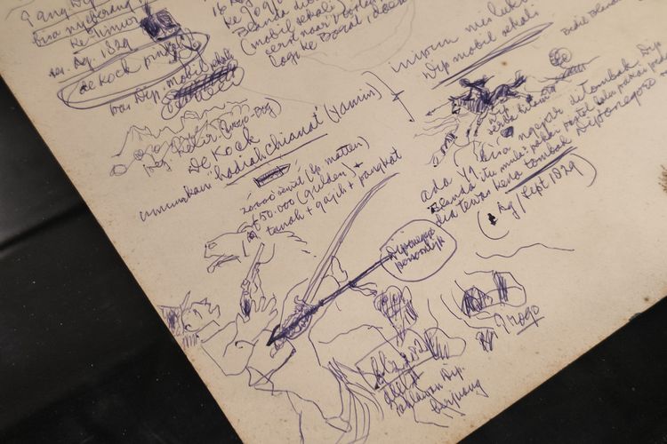 Potret sketsa asli Perang Diponegoro karya Seniman Sindoedarsono Sudjojono sedang dipamerkan di Pameran NYALA: 200 Tahun Perang Diponegoro, di Galeri Nasional Indonesia, Selasa (9/9/2025). 