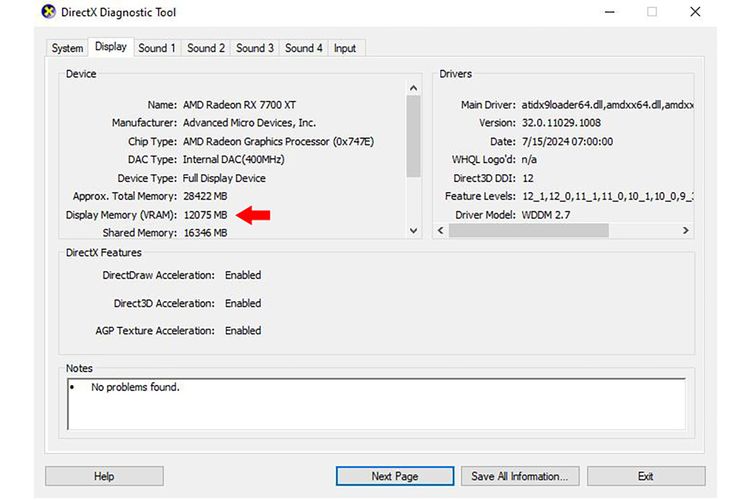 Keterangan kapasitas VRAM kartu grafis di tool DxDiag