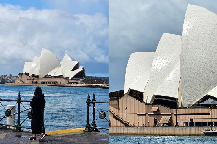 Hasil foto Sydney Opera House menggunakan kamera telefoto 10 MP zoom optis 3x (kiri) dan kamera telefoto 10 MP zoom optis 10x (kanan). Dua kamera telefoto Galaxy S23 Ultra mampu menangkap obyek foto dengan detail dan tajam.