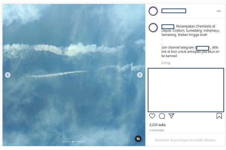 Tangkapan layar unggahan instagram tentang hoaks chemtrails