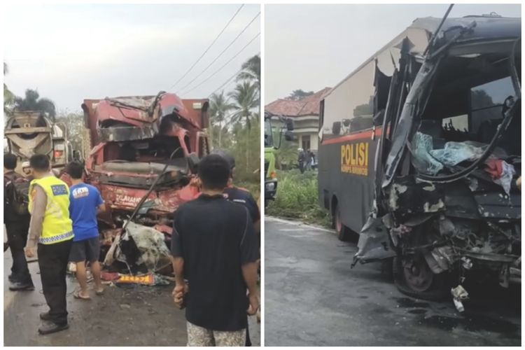 Kolase bidik layar video kecelakaan truk adu kambing dengan bus brimob di Lampung Timur, Kamis (16/11/2023).