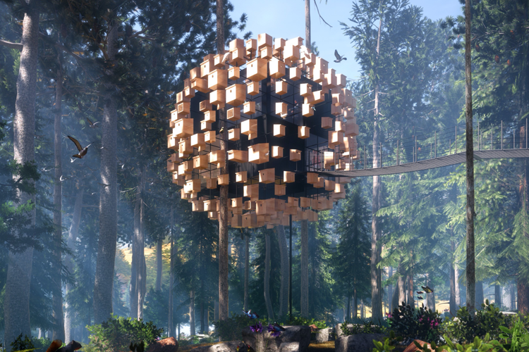 Ilustrasi kamar Biosphere yang mengambang di tengah hutan dari Treehotel di Swedia