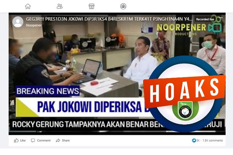 Tangkapan layar Facebook narasi yang menyebut Jokowi diperiksa Bareskrim Polri terkait kasus dugaan penghinaan yang dilakukan Rocky Gerung