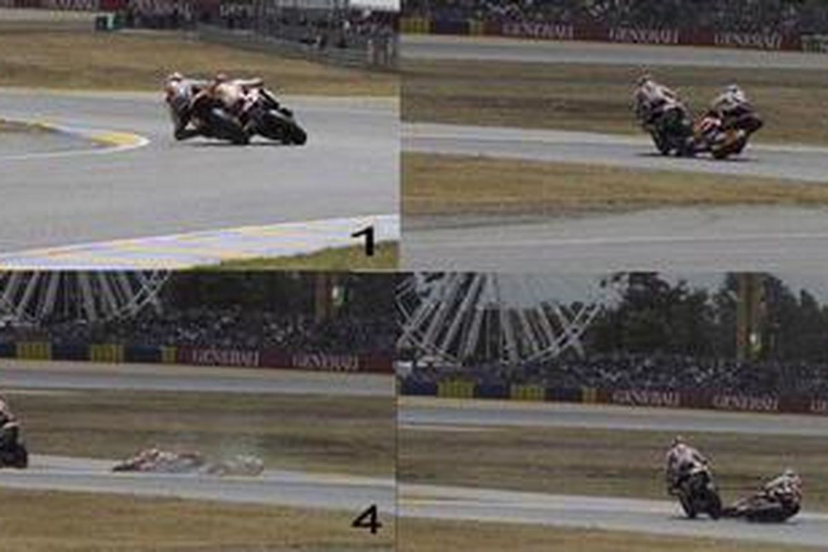 Urutan foto insiden Simoncelli-Pedrosa di GP Perancis, Minggu (15/5/11). 1: Pebalap Gresini Honda, Marco Simoncelli (kanan), berusaha menyalip pebalap Repsol Honda, Dani Pedrosa, dari sisi luar, yang merupakan awal dari kecelakaan dua pebalap Honda tersebut. 2: Pedrosa (belakang) senggol bagian belakang motor Simoncelli sehingga dia jatuh dan patah tulang selangka kanan, sedangkan Simoncelli bisa melanjutkan balapan dan finis di urutan lima setelah mendapat penalti. 3: Pedrosa terjatuh. 4: Simoncelli terus melaju sedangkan Pedrosa jatuh dan gagal lanjutkan lomba.
